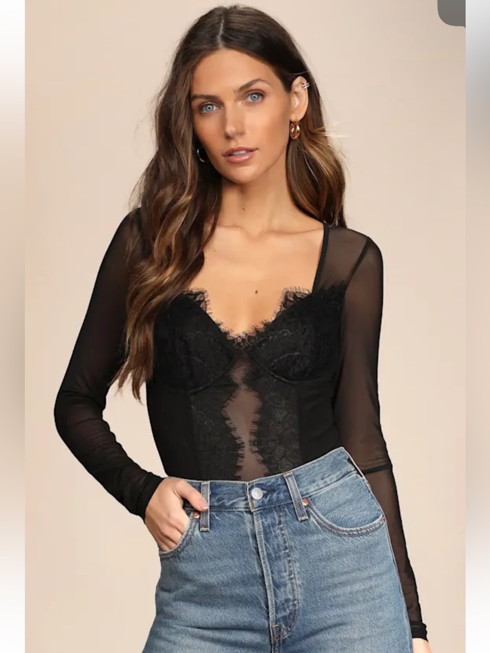 NWOT Lulus Stay Sultry Black Mesh Lace Long Sleeve Bodysuit
